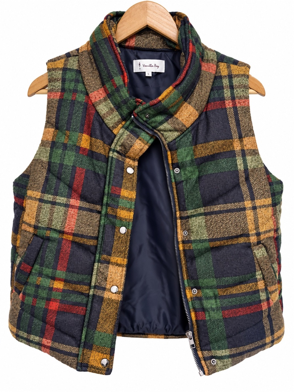 Vanilla Bay Plaid Quilted Vest in Navy, Green, Mustard & Red